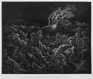 Gedeon éjszaka támadja meg a midianitákat, Illusztráció a Dore Bibliából. alkotó: Gustave Dore
