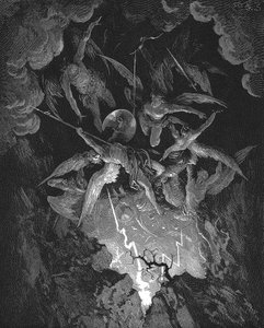 Gustave Dore illusztrációja John Milton Elveszett Paradicsom (1667) VI. könyvéhez, az ember bukását dramatizáló epikus költeményéhez. A lázadó angyalok a mennyei fal résén át a pokolba zuhannak. Fametszet 1866 alkotó: Gustave Dore
