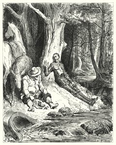 Gustave Dore Don Quijote: "Egy tiszta szökőkút, amelyet Don Quijote és Sancho néhány zöldellő fák között talált, felfrissítette őket" (metszet) alkotó: Gustave Dore