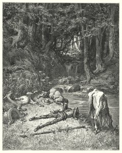 Gustave Dore Don Quijote: "Egy patakkal öntözött rét leszállásra hívta őket" (metszet) alkotó: Gustave Dore