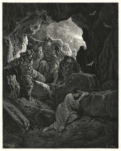 Gustave Dore Don Quijote: "Egy társaságot küldenek ki tisztekkel... akik megtalálják a szegény szerelmes Leandrát az egyik hegy barlangjában" (metszet) alkotó: Gustave Dore