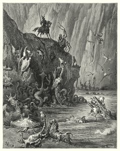 Gustave Dore Don Quijote: "Hatalmas, forró szurok tó, amelyben vad és szörnyű lények végtelen sokasága halad előre-hátra" (metszet) alkotó: Gustave Dore