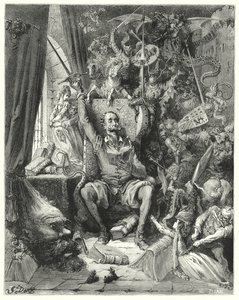 Gustave Dore Don Quijote: "A rendezetlen fogalmak világa, könyveiből kiválogatva, képzeletébe zsúfolva" (metszet) alkotó: Gustave Dore
