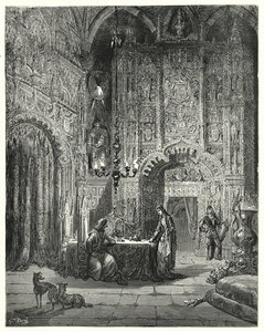 Gustave Dore Don Quijote: "Egy másik lány jön be a szobába, és elkezdi tájékoztatni, hogy melyik kastély ez, és hogyan van elvarázsolva benne" (metszet) alkotó: Gustave Dore
