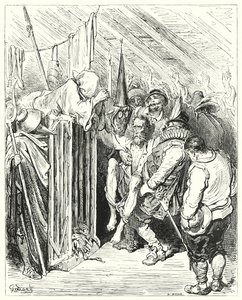 Gustave Dore Don Quijote: "Ne légy türelmetlen, ó, a bánatos alak lovagja, a bebörtönzése miatt" (metszet) alkotó: Gustave Dore