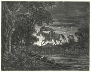 Gustave Dore Don Quijote: "Don Quijote rettenthetetlen szíve kíséretében Rozinantéra ugrott" (metszet) alkotó: Gustave Dore
