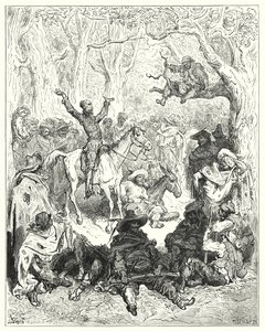 Gustave Dore Don Quijote: "Don Quijote, Rozinante-ra szerelve, nagyon bőszen kiált az életmódjuk ellen" (metszet) alkotó: Gustave Dore