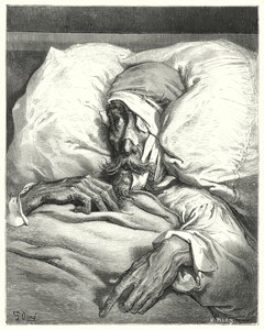 Gustave Dore Don Quijote: "Don Quijote, aki így szerencsétlenül megsérült, rendkívül mogorva és melankolikus volt" (metszet) alkotó: Gustave Dore