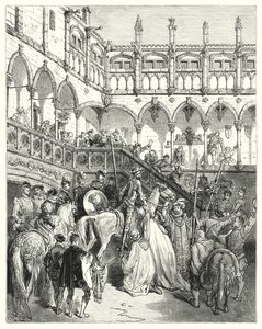 Gustave Dore Don Quijote: „Menj, nagy és hatalmas uram – mondták –, és segítsd le a hercegnőmet” (metszet) alkotó: Gustave Dore