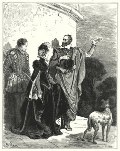 Gustave Dore Don Quijote: "Megismertetta a herceget és a hercegnőt érzelmeivel, és engedélyt kért, hogy távozzanak" (metszet) alkotó: Gustave Dore