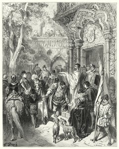 Gustave Dore Don Quijote: "Búcsúzáskor kezet csókolt a hercegnek és a hercegnőnek, és megkapta gazdája áldását" (metszet) alkotó: Gustave Dore