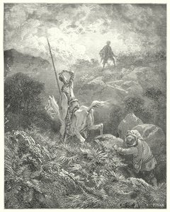 Gustave Dore Don Quijote: „Egy köves szikla tetején kémkedett közvetlenül előtte egy embert, aki csodálatos mozgékonysággal ugrált szikláról sziklára” (metszet) alkotó: Gustave Dore