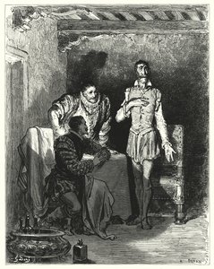 Gustave Dore Don Quijote: "Elmesélte az uraknak a lány elvarázsolásának teljes történetét" (metszet) alkotó: Gustave Dore