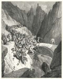 Gustave Dore Don Quijote: "Hogyan védte meg Don Diego Garcia egyetlen erejével egy híd átjáróját egy nagy hadsereg ellen" (metszet) alkotó: Gustave Dore