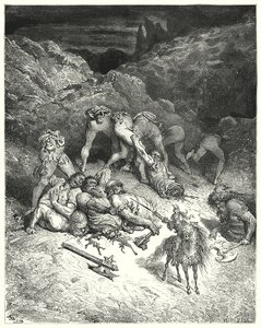 Gustave Dore Don Quijote: "Hogyan vágott le Felixmarte öt óriást a közepén" (metszet) alkotó: Gustave Dore