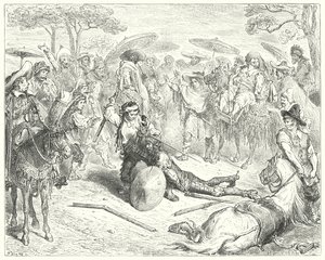 Gustave Dore Don Quijote: "A karja ellenére úgy csapkodta, mint egy búzakévét" (metszet) alkotó: Gustave Dore