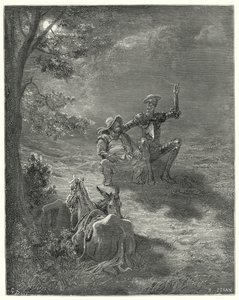 Gustave Dore Don Quijote: "Az ilyen beszédekben az éjszaka nagy részét töltötték" (metszet) alkotó: Gustave Dore