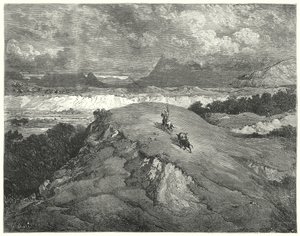 Gustave Dore Don Quijote: "Éjszaka volt, mielőtt két utazónk a hegy legsivatagabb részére ért volna" (metszet) alkotó: Gustave Dore