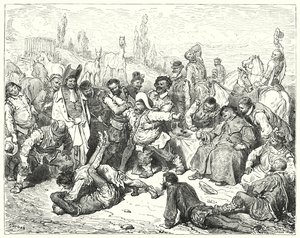 Gustave Dore Don Quijote: "Egyedül Sancho Panza volt dühös, halálra idegesítette magát, és tombolt, mint egy őrült" (metszet) alkotó: Gustave Dore