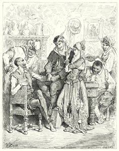 Gustave Dore Don Quijote: "Sancho és gazdája három napot töltöttek egy fiatal párnál, és úgy szórakoztak, mint a hercegek" (metszet) alkotó: Gustave Dore
