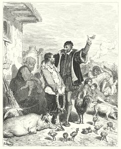 Gustave Dore Don Quijote: "A lovag annyi tisztességes ígéretet tett neki, hogy végül a szegény bohóc beleegyezett, hogy vele menjen, és legyen a mestere" (metszet) alkotó: Gustave Dore