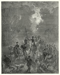Gustave Dore Don Quijote: "Itt az udvarló leányzó befejezte a dalát" (metszet) alkotó: Gustave Dore