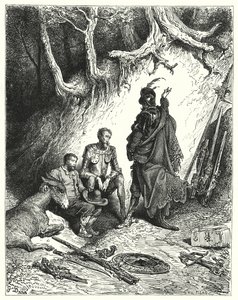Gustave Dore Don Quijote: "A zsellérek elhagyták Don Quijotét, Roque-ot és Sanchót, hogy visszavárjanak" (metszet) alkotó: Gustave Dore