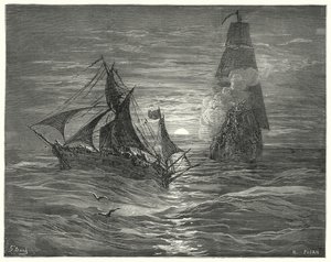 Gustave Dore Don Quijote: "A szél alatt két fegyvert lőttek ránk" (metszet) alkotó: Gustave Dore