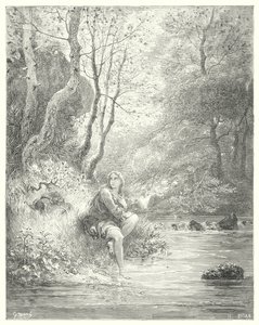 Gustave Dore Don Quijote: „Egy vidéki szokás szerint kémleltek egy fiatalt, aki egy szikla lábánál ült egy kőrisfa mögött” (metszet) alkotó: Gustave Dore