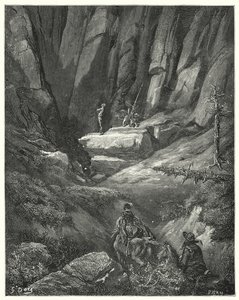 Gustave Dore Don Quijote: "Körülbelül háromnegyed bajnokságot mentek, majd a sziklák között megpillantották Don Quijotét, aki ekkorra már felvette a ruháit, bár nem a páncélját" (metszet) alkotó: Gustave Dore