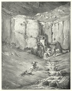 Gustave Dore Don Quijote: "Amikor közelebb jöttek, még maga Rozinante türelmes is belekezdett a félelmetes hangba" (metszet) alkotó: Gustave Dore