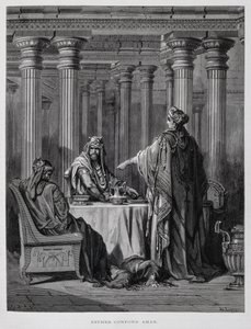 Hámánt feljelenti Eszter királynő, Illusztráció a Dore Bibliából alkotó: Gustave Dore