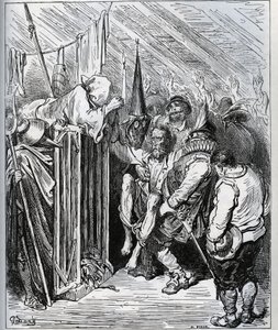 Hogyan lehet megszabadulni Don Quijotetól. A szállodai bolt emberei úgy döntöttek, hogy bezárják azáltal, hogy elhitetik vele egy új varázslatban és egy új lovagias próbatételben - Miguel Cervantes (1547-1616) „Don Quijote de la Mancha” című művéből (Don Q alkotó: Gustave Dore
