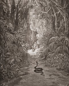 Gustave Dore 1832-1883 francia művész és illusztrátor illusztrációja John Milton Elveszett Paradicsom IX. könyvének 434. és 435. sorához. alkotó: Gustave Dore