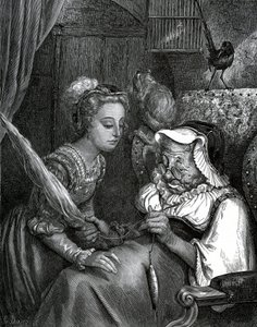 Gustave Dore illusztrációja Charles Perrault meséjéhez: Csipkerózsika. A hercegnő egy orsóban szaladó öregasszony ciccájába szúrja magát. alkotó: Gustave Dore
