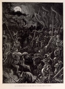 Illusztráció: Lovagok csatában egy holdfényes estén. alkotó: Gustave Dore