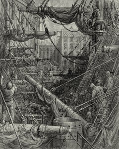 A londoni dokkokban. Metszet: Gustave Doré. Forrás: "London – A Zarándoklat", W. B. Jerrold szövege, C. Maurant metszet, 1872. alkotó: Gustave Dore