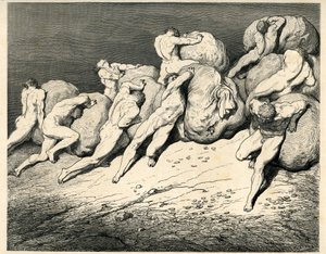 A pokol negyedik körében, amely alatt Plútó (Hádész) uralkodik, az Avarok és a Prodigánok nehéz terheket (sziklákat) cipelnek és görgetnek, haraggal ütközve. Gustave Dore által illusztrált metszet Dante Alighieri A pokol című művéből (Isteni komédia). Fran alkotó: Gustave Dore