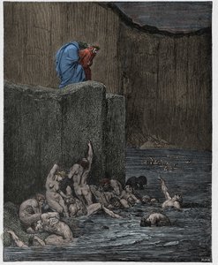 Inferno, 18. ének: Paramours és hízelkedők a nyolcadik körben, illusztráció Dante Alighieri "Isteni színjátékából", 1885 alkotó: Gustave Dore