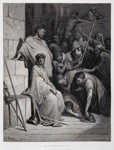 Krisztus szidalmazása a tárgyaláson, illusztráció a Dore Bibliából alkotó: Gustave Dore