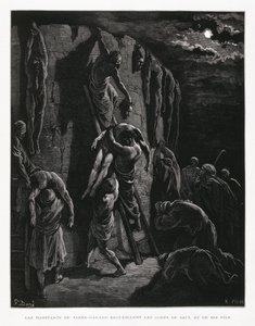 A jabes-gileádiak visszaszerzik Saul és fiai holttestét, illusztráció a Dore Bibliából. alkotó: Gustave Dore