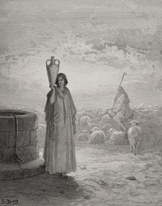 Jacob, aki Lábán nyáját tartja, illusztráció Dore „The Holy Bible” című könyvéből, Pannemaker vésette, 1866 alkotó: Gustave Dore