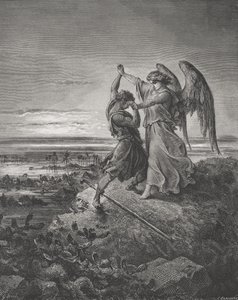 Jákob birkózik az angyallal, 1Mózes 32:24-32, illusztráció Dore „The Holy Bible” című művéből, Laplante metszete, 1866 alkotó: Gustave Dore