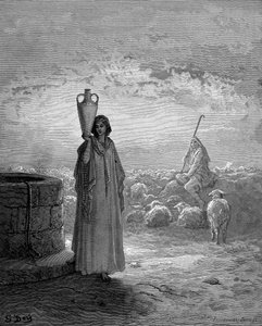 Jákob, aki Lábán nyájait tartja, meglátja Ráhelt a kútnál, 1866 alkotó: Gustave Dore