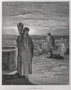 Jákob meglátja Ráhelt Lábán házának kútjánál, Illusztráció a Dore Bibliából. alkotó: Gustave Dore