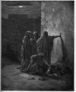 Jehu társai megtalálják Jezabel maradványait” - Gustave Dore fametszete a Bibliához - Jehu társai megtalálják Jezabel fejét és végtagjait - Gustave Dore (1832-1883) „The Bible Illustree” metszet - Metszet a „” The Dore B-ből ”” alkotó: Gustave Dore