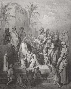 Jézus megáldja a gyermekeket, illusztráció Dore „The Holy Bible” című művéből, Pannemaker metszete, 1866 alkotó: Gustave Dore
