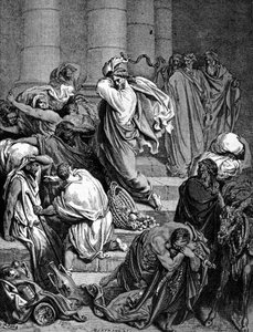 Jézus Krisztus üldözi a templom kereskedőit. Gustave Doré illusztrációja. alkotó: Gustave Dore