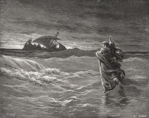 Jézus a tengeren jár, János 6:19-21, illusztráció Dore „The Holy Bible” című könyvéből, vésett Pisan, 1866 alkotó: Gustave Dore