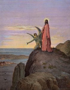 Jézus a sivatagban, kitéve az ördög kísértésének - Krisztus megkísértése - Sátán megkísértette Jézust - Gustave Dore metszet - későbbi színezés alkotó: Gustave Dore